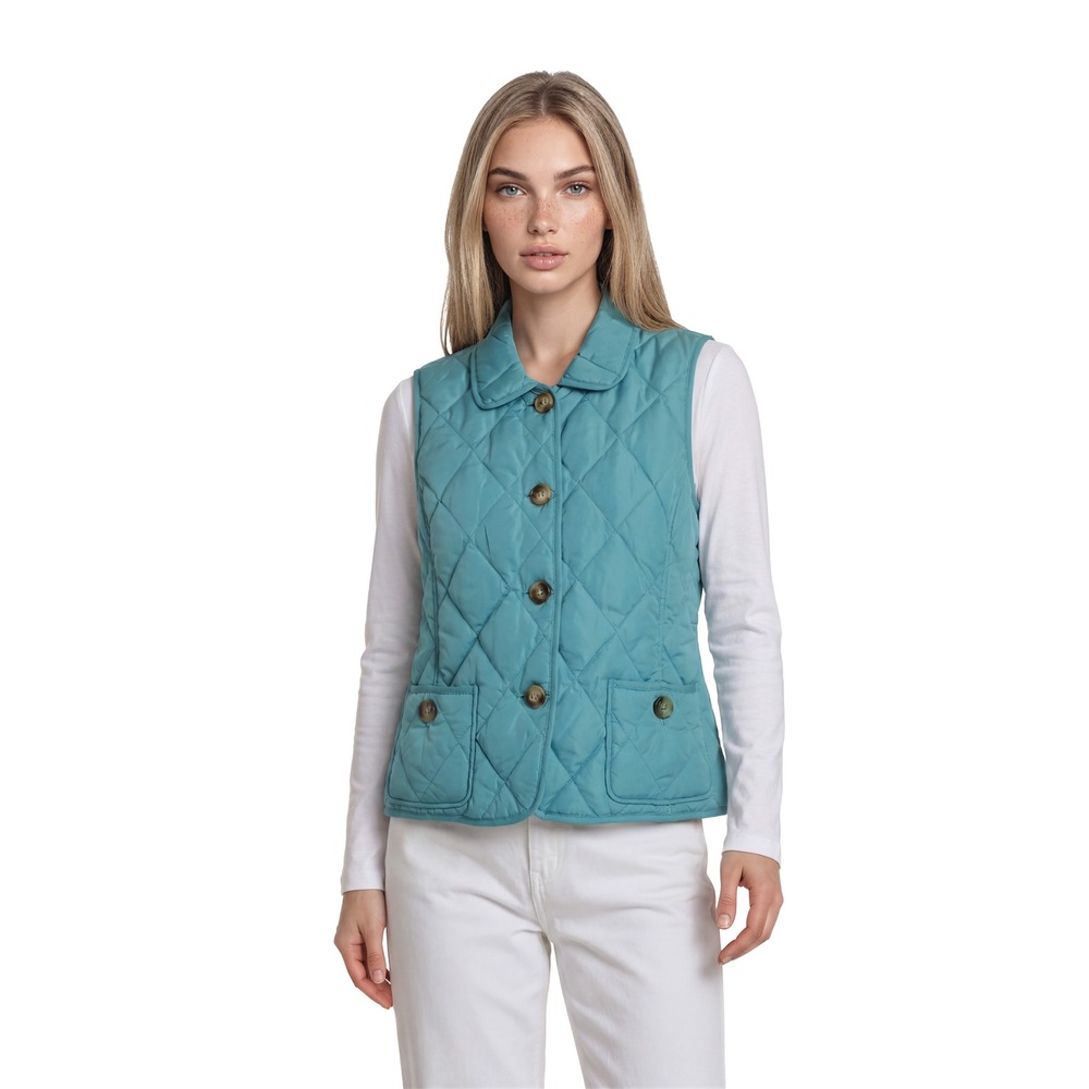 Talbots Quilted Down Vest Women's Size Large Turquoise Blue Paisley Button Front